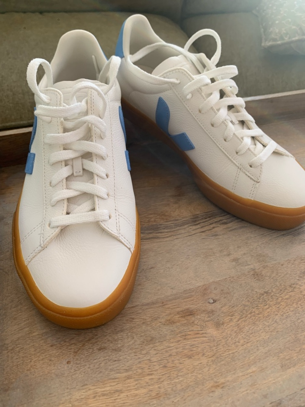 Veja White Leather Sneakers with Blue V and Gum Sole